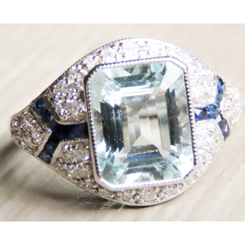 532 - Emerald Cut Aquamarine, Diamond and Sapphire Cluster Ring Mounted in Platinum Ring Size N