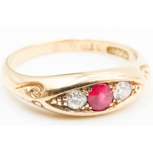 534 - Ruby and Diamond Three Stone Ring Mounted on 18 Carat Yellow Gold Band Ring Size P