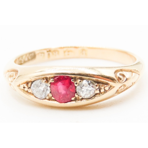 534 - Ruby and Diamond Three Stone Ring Mounted on 18 Carat Yellow Gold Band Ring Size P