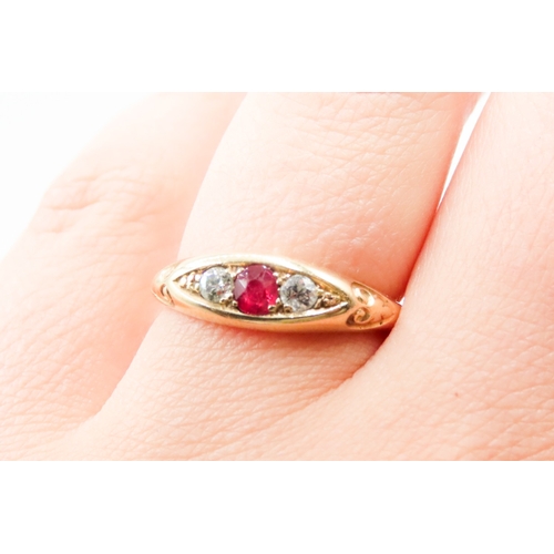 534 - Ruby and Diamond Three Stone Ring Mounted on 18 Carat Yellow Gold Band Ring Size P