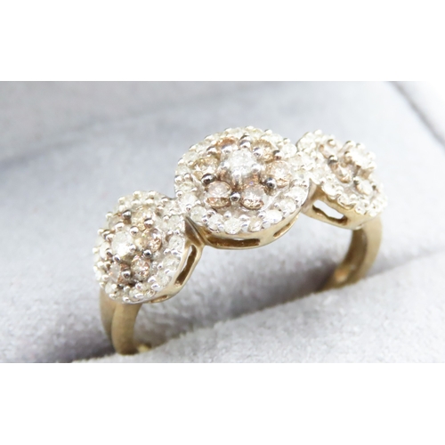 535 - Diamond Tri-Cluster Ring Finely Detailed Set in 9 Carat Yellow Gold Ring Size P and a Half