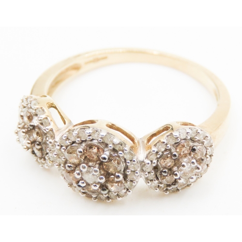 535 - Diamond Tri-Cluster Ring Finely Detailed Set in 9 Carat Yellow Gold Ring Size P and a Half