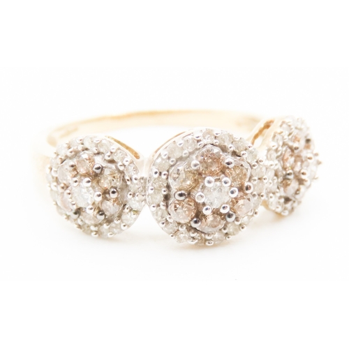 535 - Diamond Tri-Cluster Ring Finely Detailed Set in 9 Carat Yellow Gold Ring Size P and a Half