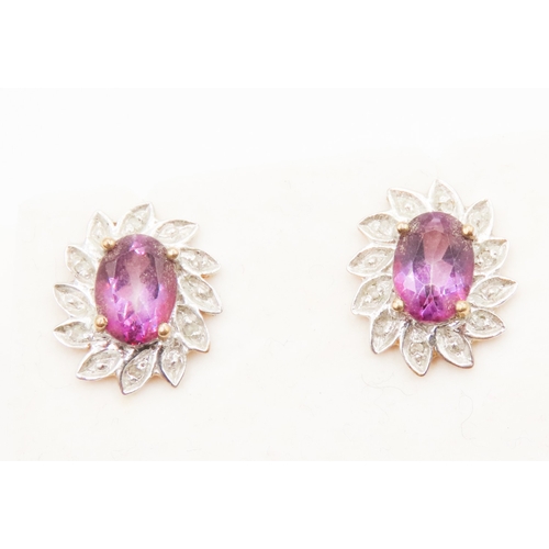 538 - Pair of Amethyst and Diamond Set Floral Form Earrings Mounted in 9 Carat White and Yellow Gold 14mm ... 