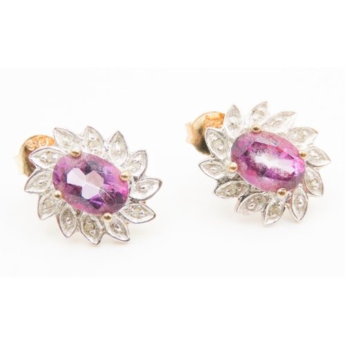 538 - Pair of Amethyst and Diamond Set Floral Form Earrings Mounted in 9 Carat White and Yellow Gold 14mm ... 