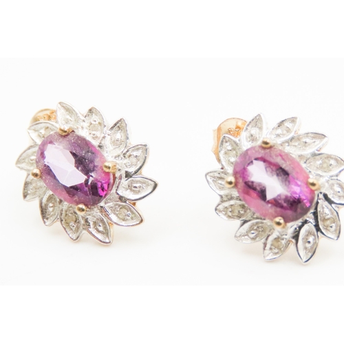 538 - Pair of Amethyst and Diamond Set Floral Form Earrings Mounted in 9 Carat White and Yellow Gold 14mm ... 