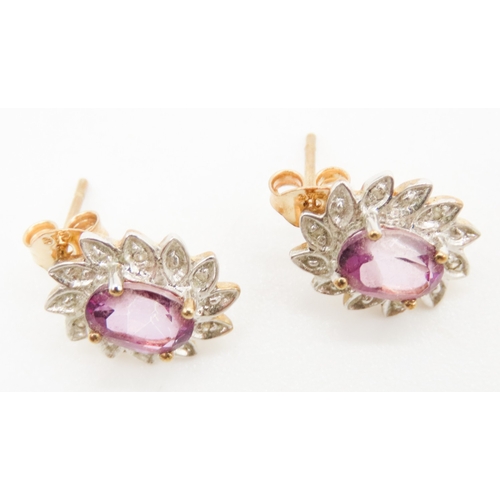 538 - Pair of Amethyst and Diamond Set Floral Form Earrings Mounted in 9 Carat White and Yellow Gold 14mm ... 