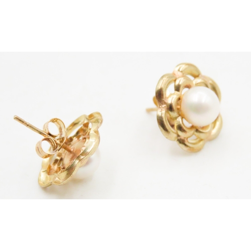 541 - Pair of Pearl Set Floral Form Earrings Set in 9 Carat Yellow Gold 1.5cm High