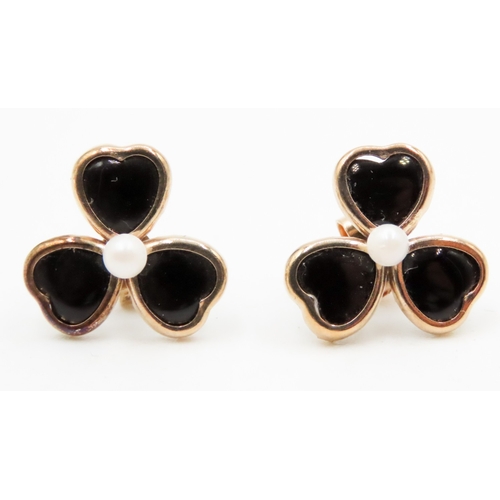 542 - Pair of Onyx and Pearl Set Clover Motif Earrings Mounted in 9 Carat Yellow Gold 13mm High