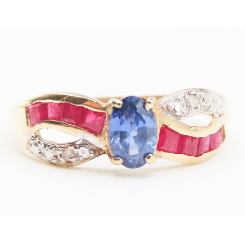 55 - Tanzanite Ruby and Diamond Set Crossover Form Ring Mounted in 10 Carat Yellow Gold Ring Size N