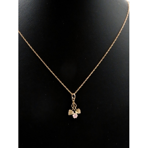 553 - Pink Garnet Set Floral Form Pendant Mounted in 9 Carat Yellow Gold 1.5cm High Set on 9 Carat Yellow ... 