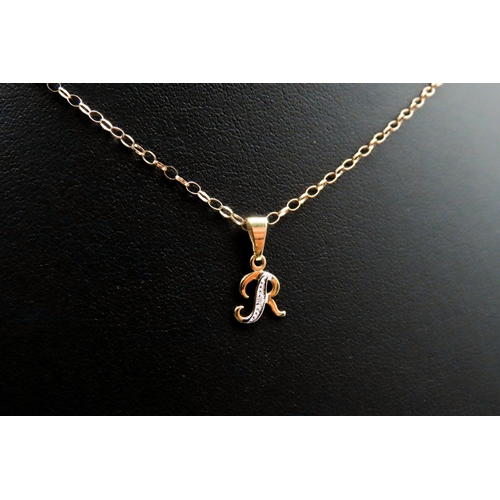 555 - 9 Carat Yellow Gold Diamond Set Letter 'R' Pendant 1cm High Set on 9 Carat Yellow Gold Chain 46cm Lo... 