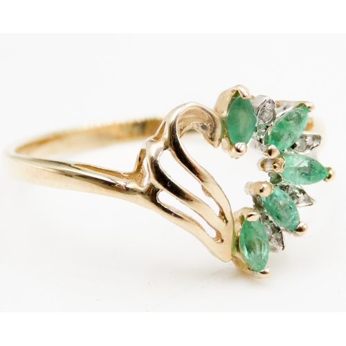 561 - Emerald and Diamond Set Heart Form Ring Mounted in 9 Carat Yellow Gold Ring Size L and a Half