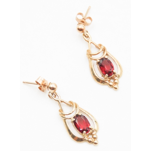 58 - Pair of Red Garnet Set Ladies Drop Earrings Mounted in 9 Carat Yellow Gold 2cm Drop