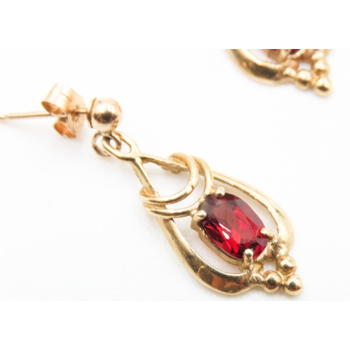 58 - Pair of Red Garnet Set Ladies Drop Earrings Mounted in 9 Carat Yellow Gold 2cm Drop