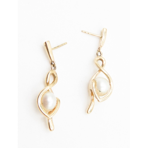 59 - Pair of Pearl Set Ladies Drop Earrings Attractively Detailed Set in 9 Carat Yellow Gold 4cm High