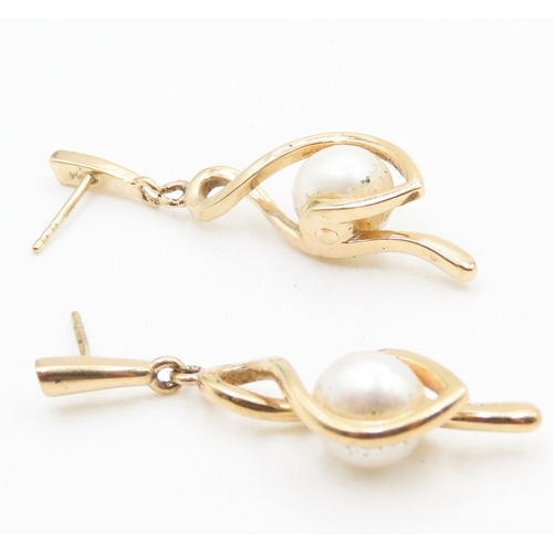 59 - Pair of Pearl Set Ladies Drop Earrings Attractively Detailed Set in 9 Carat Yellow Gold 4cm High