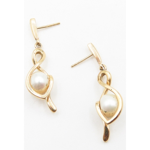 59 - Pair of Pearl Set Ladies Drop Earrings Attractively Detailed Set in 9 Carat Yellow Gold 4cm High