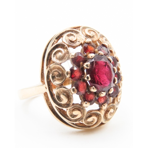 61 - Red Garnet Cluster Set Ring Filigree Form Finely Detailed Mounted in 9 Carat Yellow Gold Ring Size M... 