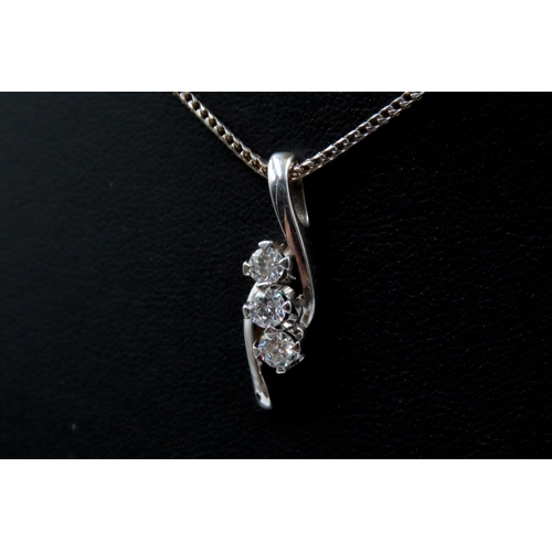 614 - Three Stone Diamond Set Wave Form Pendant Set in 18 Carat White Gold 2.5cm Drop Further Set on 18 Ca... 