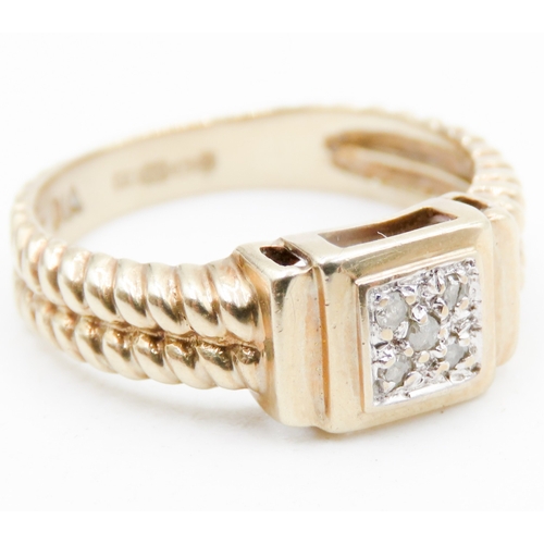 621 - Diamond Set Panel Form Cluster Ring Rope Motif Band Mounted in 9 Carat Yellow Gold Ring Size L