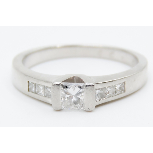 632 - Square Cut Half Bezel Set Diamond Solitaire Mounted in Platinum with Further Diamonds Set to Shoulde... 