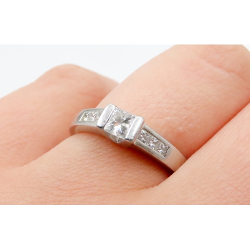 632 - Square Cut Half Bezel Set Diamond Solitaire Mounted in Platinum with Further Diamonds Set to Shoulde... 