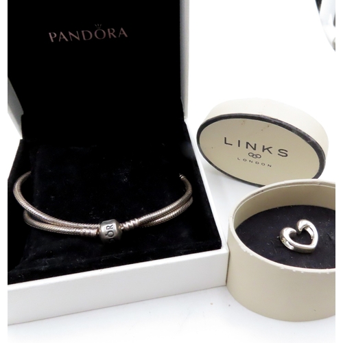 677 - Pandora Silver Necklace 44cm Long with Original Presentation Box and Links of London Heart Charm Pen... 