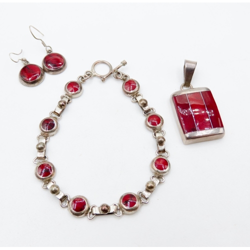 678 - Silver Enamel Decorated Bracelet Pendant and Earrings Set