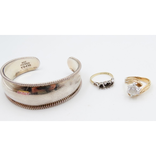 682 - 18 Carat Yellow Gold Ring Shank Lacking Stones, Silver Cuff Bracelet and Gold Plated Gemset Ring