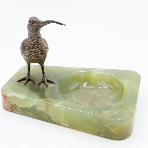 683 - Austrian Cold Painted Bronze Figure of Bird Possibly by Franz Bergman Mounted on Onyx Desk Tidy Dish... 