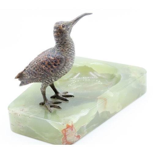 683 - Austrian Cold Painted Bronze Figure of Bird Possibly by Franz Bergman Mounted on Onyx Desk Tidy Dish... 