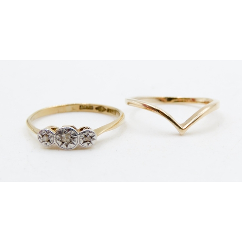 686 - Diamond Three Stone Rubover Set Ring Mounted in 18 Carat Yellow Gold Ring Size J and a Half with 9 C... 