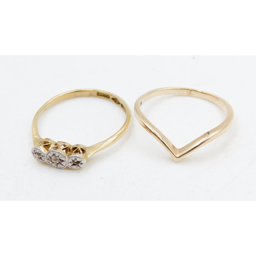 686 - Diamond Three Stone Rubover Set Ring Mounted in 18 Carat Yellow Gold Ring Size J and a Half with 9 C... 