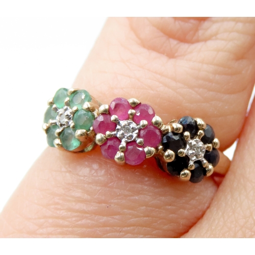 693 - Emerald Ruby Sapphire and Diamond Set Ladies Cluster Ring Mounted in 9 Carat Yellow Gold Ring Size J