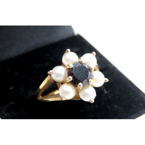 694 - Sapphire and Pearl Set Ladies Daisy Form Ring Mounted in 9 Carat Yellow Gold Ring Size N