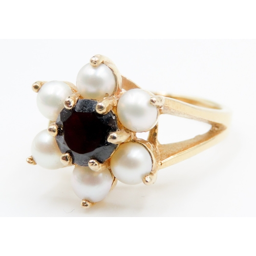 694 - Sapphire and Pearl Set Ladies Daisy Form Ring Mounted in 9 Carat Yellow Gold Ring Size N