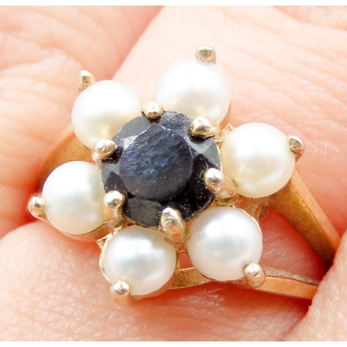 694 - Sapphire and Pearl Set Ladies Daisy Form Ring Mounted in 9 Carat Yellow Gold Ring Size N