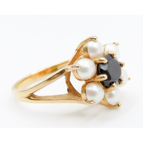 694 - Sapphire and Pearl Set Ladies Daisy Form Ring Mounted in 9 Carat Yellow Gold Ring Size N