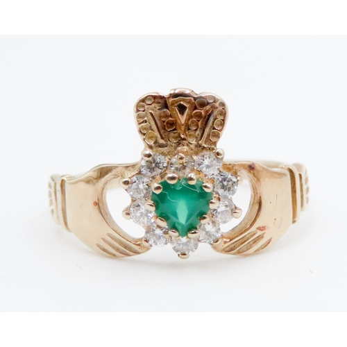 696 - Emerald and Gemstone Set Claddagh Ring Mounted in 9 Carat Yellow Gold Ring Size M