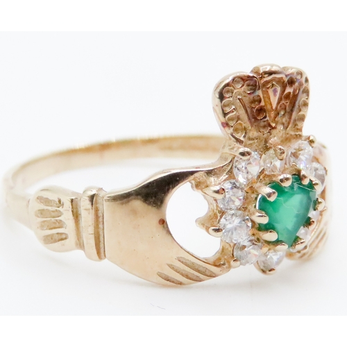 696 - Emerald and Gemstone Set Claddagh Ring Mounted in 9 Carat Yellow Gold Ring Size M