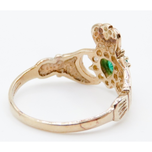 696 - Emerald and Gemstone Set Claddagh Ring Mounted in 9 Carat Yellow Gold Ring Size M