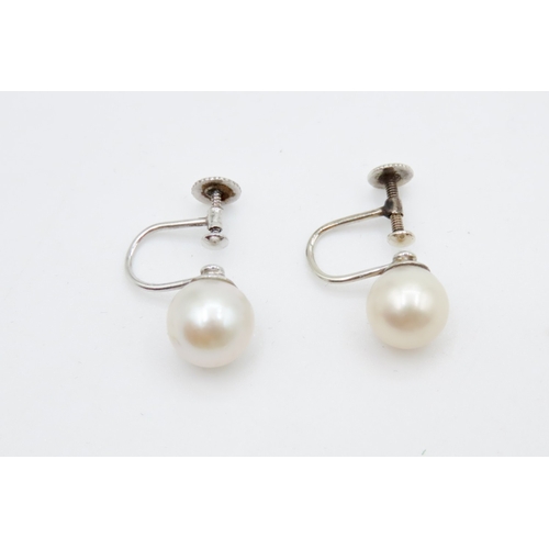 702 - Pair of Pearl Set Ladies Screw Earrings Mounted in 9 Carat White Gold