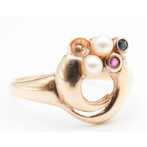 718 - Pearl Sapphire and Ruby Set Loop Motif Ring Mounted in 9 Carat Yellow Gold Ring Size P