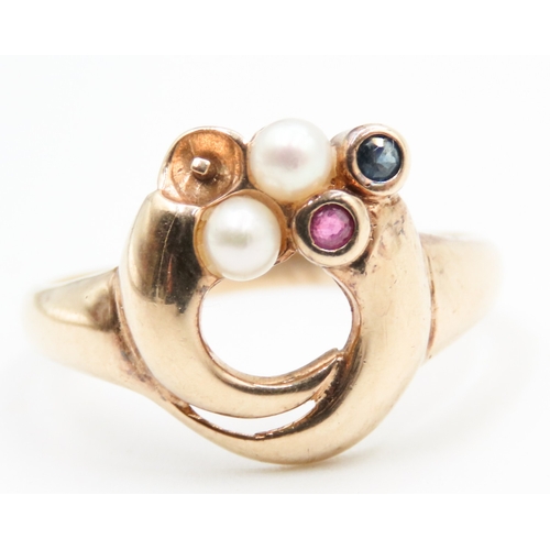 718 - Pearl Sapphire and Ruby Set Loop Motif Ring Mounted in 9 Carat Yellow Gold Ring Size P