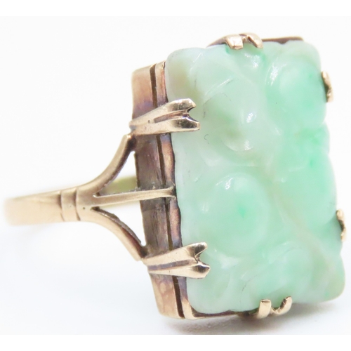 723 - Carved Jade Single Stone Ring Mounted in 14 Carat Yellow Gold Ring Size N