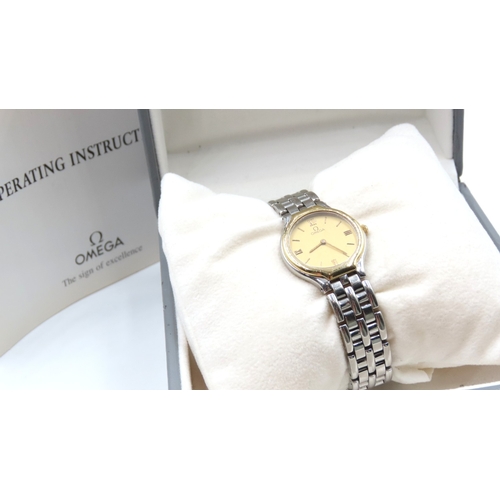 734 - Omega Ladies Wristwatch Roman Numerals Champagne Dial Bi Metal Case with Original Presentation Box