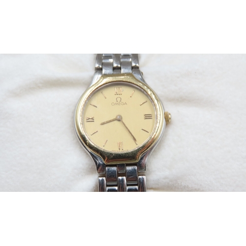 734 - Omega Ladies Wristwatch Roman Numerals Champagne Dial Bi Metal Case with Original Presentation Box