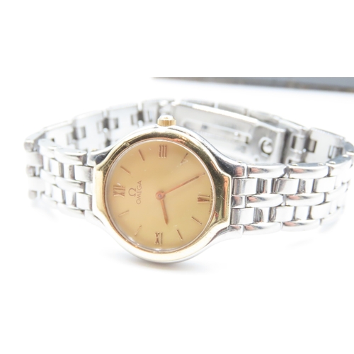 734 - Omega Ladies Wristwatch Roman Numerals Champagne Dial Bi Metal Case with Original Presentation Box