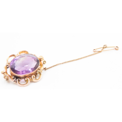 77 - Finely Detailed Amethyst Set Brooch Mounted in 9 Carat Yellow and Rose Gold 3cm High with Safety Cha... 